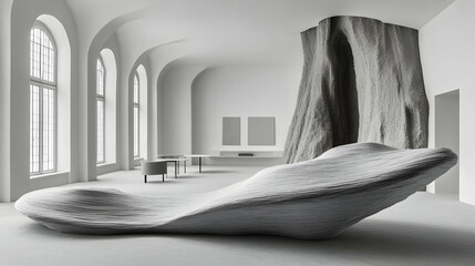 Minimalist interior layered sculptural forms arched windows and textured column create a serene contemporary space