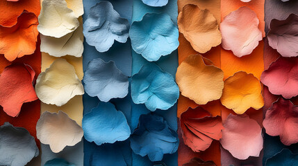 An abstract texture of overlapped colorful petals of varied hues creates a layered and decorative effect A vibrant visu