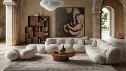 Stylish contemporary living room with curved sofa, abstract art, wooden coffee table, and modern rug
