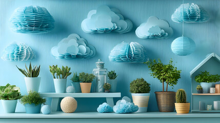 Serene blue backdrop featuring potted plants on shelves and playful paper clouds creating a calming indoor garden ambia