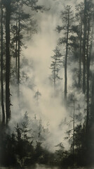 Fototapeta premium Misty forest scene with tall trees enveloped in thick fog creating an ethereal and mysterious atmosphere in a monochrom