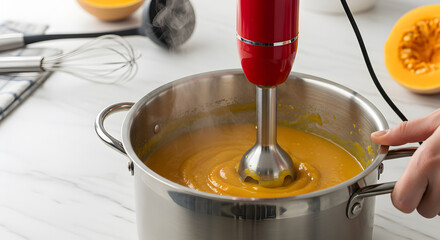 Immersion blender blending vegetable soup in a stainless steel pot at home