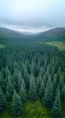 Fototapeta premium An aerial view of a dense forest of evergreen trees situated in a valley under a sky filled with cloudy misty weather