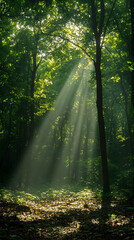 Fototapeta premium Forest scene with sunlight streaming through the canopy illuminating the ground with dappled light and creating a sense
