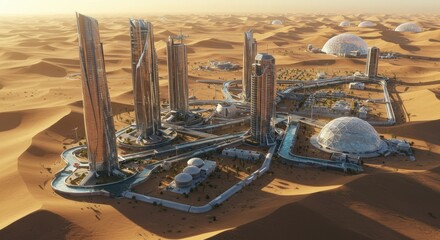 A futuristic desert city showcasing innovative water collection methods amidst golden sands and modern architecture