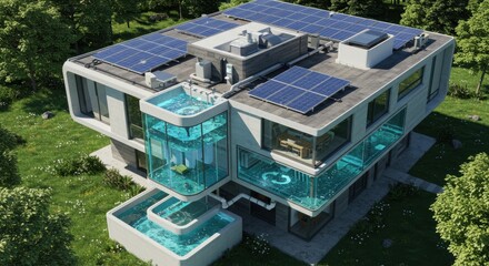 A futuristic self-sustaining eco-house featuring solar panels, water recycling systems, and a lush green environment, showcasing innovative sustainable living
