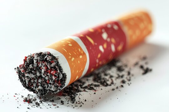 Close-up of burnt cigarette butt on white background highlighting smoking and health concerns