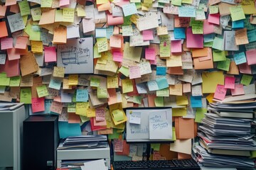 A cluttered desk with mismatched files, sticky notes everywhere, and an overflowing inbox, showcasing disorganized management in a corporate setting