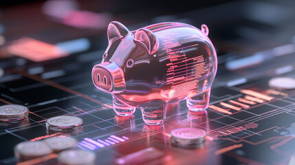 Digital piggy bank icon with floating coins and financial data, modern savings concept.