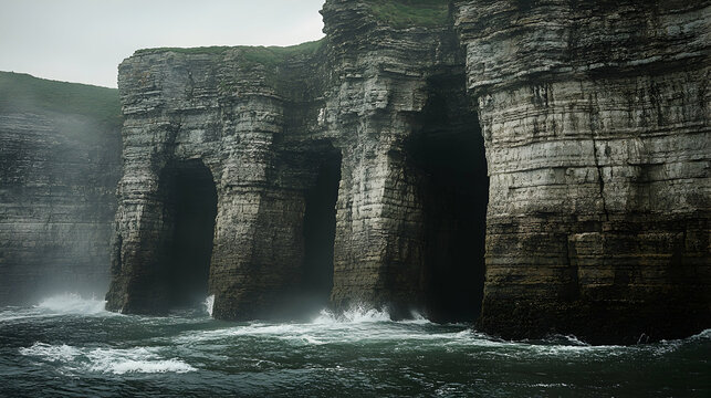 Dramatic sea cliffs with cavernous openings at the waterline waves crashing against the stone faces in a dark foggy we