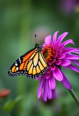 Fototapeta premium A monarch butterfly delicately sipping nectar from a vibrant purple coneflower, flora, insect wing