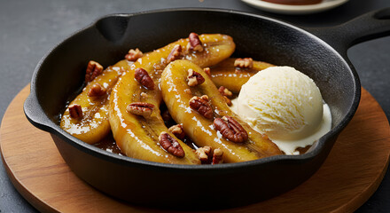 Delicious caramelized banana foster dessert with vanilla ice cream scoop served in a pan