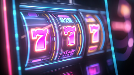 Vibrant casino slot reels glowing in neon colors, spinning in the dark with a futuristic shine.
