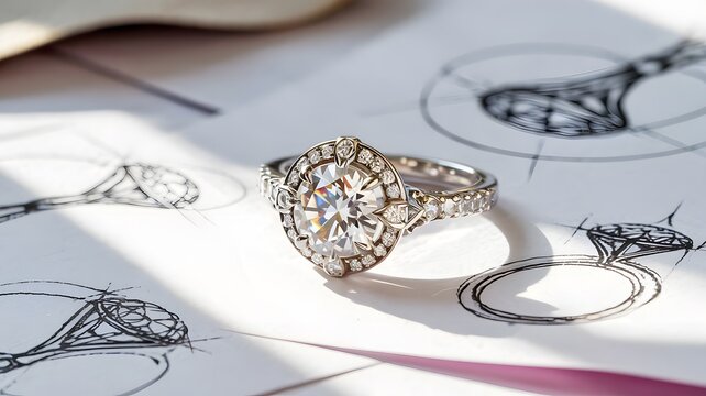 Diamond ring shining on designer's desk with sketches