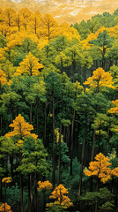 Naklejka premium Forest with tall trees featuring a mix of green and yellow foliage A golden sky creating a beautiful contrast in the