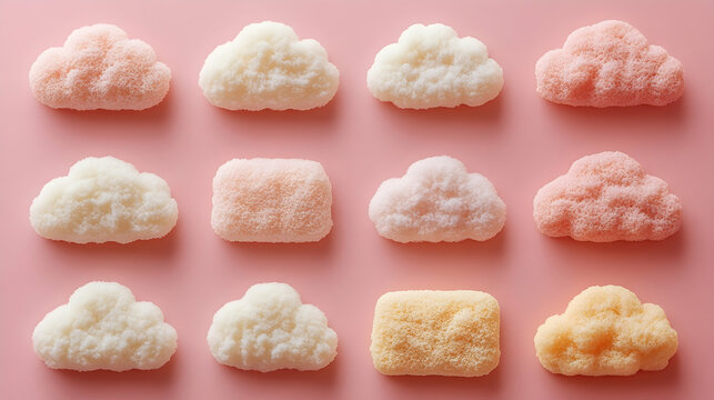 An array of cloud-shaped and square treats in white peach and pale yellow against a soft pink background presents a swe