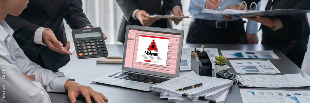 Poster cyber attacking concept. malware alert showing on computer screen display scam and threat detection 