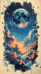 Dreamy art features a large moon clouds and a sunlit sky Distressed edges add character and depth to the ethereal comp