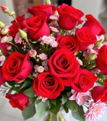 Obraz premium A vibrant bouquet of red roses and other Valentine's Day flowers, carnations, flower arrangement, pink flower