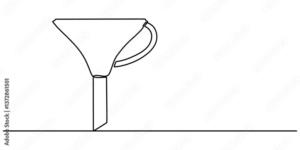 Poster funnel with handle continuous one line drawing, Continuous line art of an oil funnel, Funnel Black Stroke Linear Icon, Filter funnel one line continuous drawing. Laboratory glass equipment continuous.