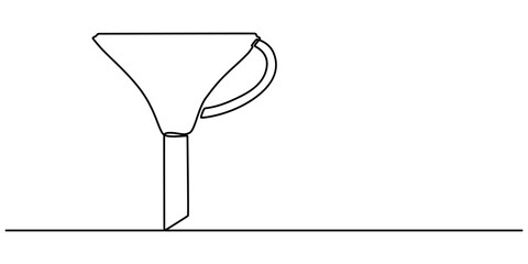 funnel with handle continuous one line drawing, Continuous line art of an oil funnel, Funnel Black Stroke Linear Icon, Filter funnel one line continuous drawing. Laboratory glass equipment continuous.
