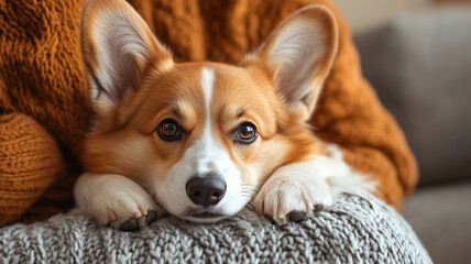 Bright eyes of a Pembroke Welsh Corgi resting comfortably in cozy lap