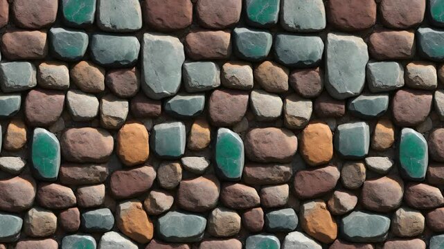 Colorful cobblestone wall with earthy and teal tones.