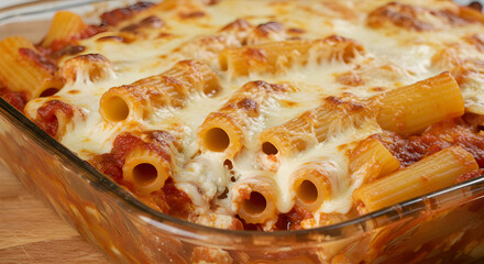 Delicious Baked Ziti with Ricotta and Marinara Sauce in a Glass Baking Dish