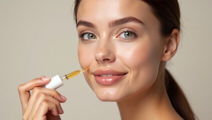 Obraz premium Young woman applying serum to her face, looking at camera, isolated on white background. Beautiful model with perfect clean fresh skin. Treatment or cosmetic ads