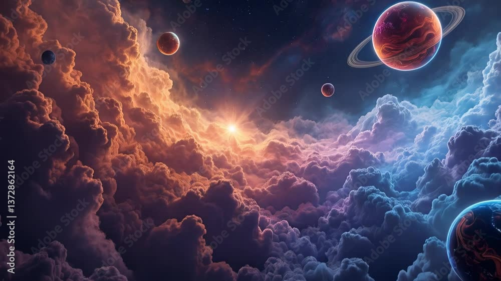 Poster planet in space, journey through a stunning cosmic environment filled with colorful clouds and vibra