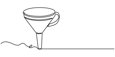 funnel with handle continuous one line drawing, Continuous line art of an oil funnel, Funnel Black Stroke Linear Icon, Filter funnel one line continuous drawing. Laboratory glass equipment continuous.