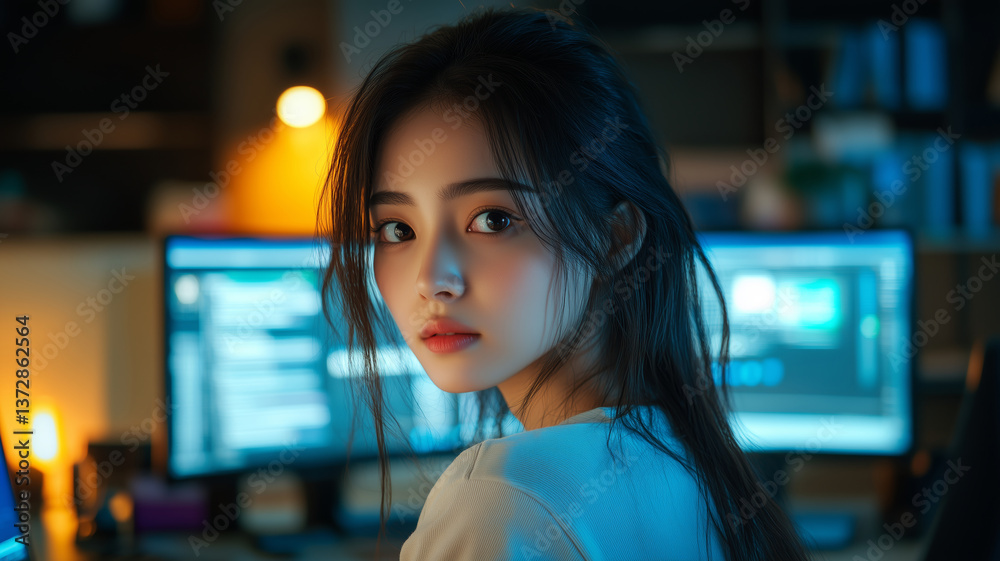 Poster Female software developer engaged in coding at night in a tech workspace
