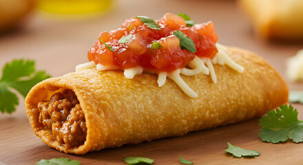 Delicious chimichanga topped with fresh salsa and cheese close up shot