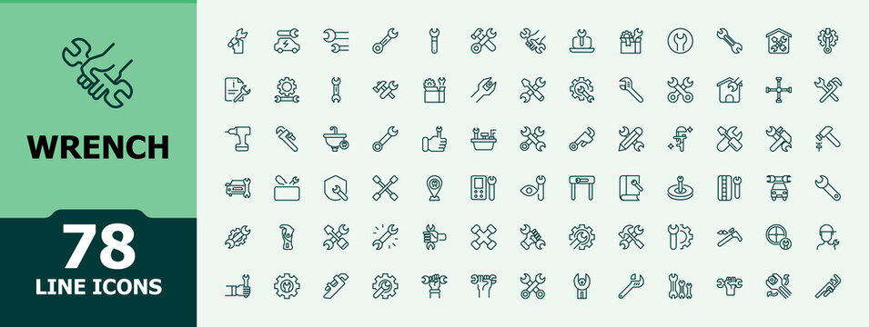 Wrench line icon set. Pack of repair, equipment, engineer, work, tool and more. Collection of simple line web icons. Construction vector line icon set. Minimalist signs for web and mobile app.