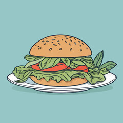 vegan burger with salad and tomato cartoon vector illustration