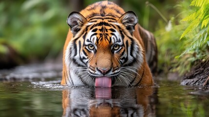 Fototapeta premium Tiger Drinking in a Forest Stream