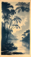 Serene landscape with tall palm trees along a tranquil river and cloudy sky Lush vegetation lines riverbanks