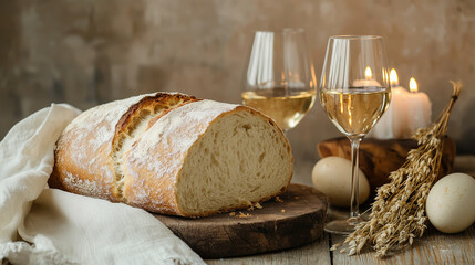 Easter communion setup with freshly baked bread, wine glasses, and warm candlelight.