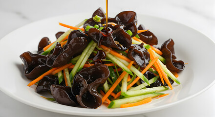 Artistic presentation of Chinese black fungus salad with vibrant vinegar dressing