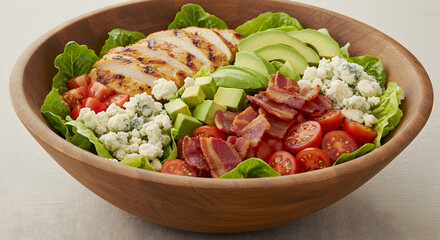 Delicious cobb salad with grilled chicken, bacon, avocado and blue cheese