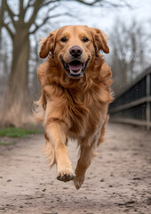 Golden Retriever Leaping Enthusiastically Down a Dirt Path in a Bright Daylight Scene with a Focus on Movement and Joyful Energy