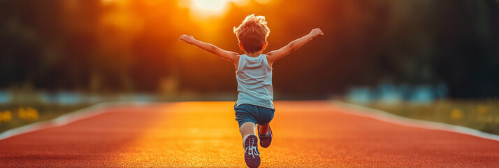 Joyful child athlete sprinting down the track at sunset during a friendly race
