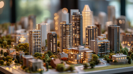 Obraz premium Mini apartment models with market prices, towering city apartments behind them.