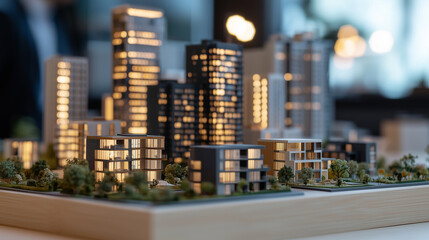 Mini apartment models with market prices, towering city apartments behind them.