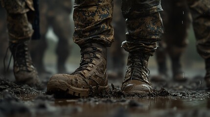 Military March Through Muddy Terrain: Determination and Perseverance Showcased