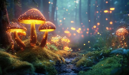Glowing mushrooms in mystical forest