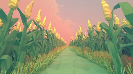 Obraz premium Low-poly cornfield path at sunset
