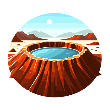 Vector illustration of volcano crater with water in natural landscape style. Ideal for travel blogs and geological education websites.