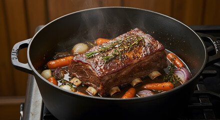 Succulent braised beef ribs simmering in a dutch oven with vegetables