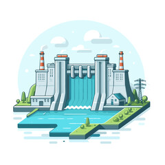 Vector illustration of hydroelectric dam power station in blue and green tones. Perfect for renewable energy blogs and infrastructure education.
